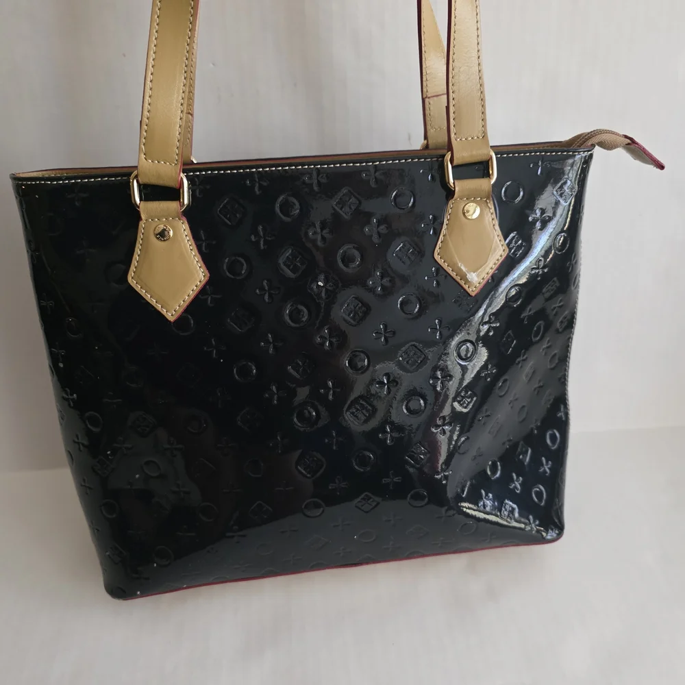 INVECE Blue Dark Patent Tote with Tan Handles - Women Bags.used,paint Defect.